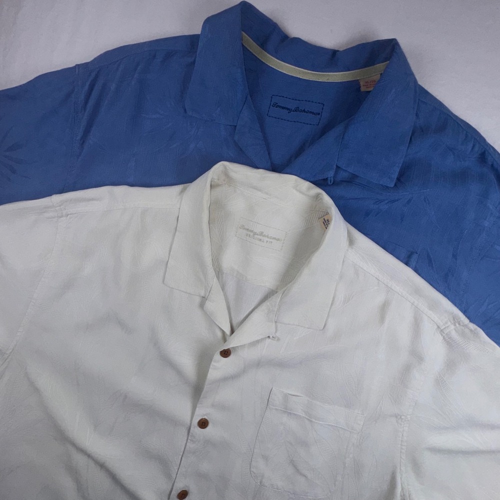 Tommy Bahama Shirt Men XL White Blue Silk Tropical Leaf Jacquard 2-Pack Bundle